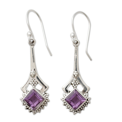 Amethyst dangle earrings, 'Modern Jaipur' - Indian Artisan Amethyst Dangle Earrings in Sterling Silver