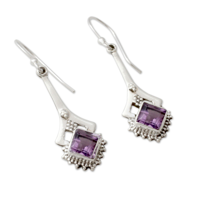 Amethyst dangle earrings, 'Modern Jaipur' - Indian Artisan Amethyst Dangle Earrings in Sterling Silver