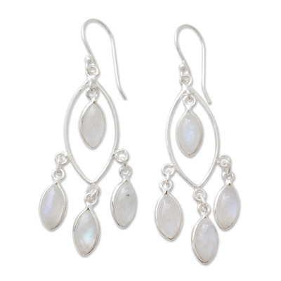 Rainbow moonstone chandelier earrings, 'Luminous Dew' - Rainbow Moonstone and Sterling Silver Chandelier Earrings