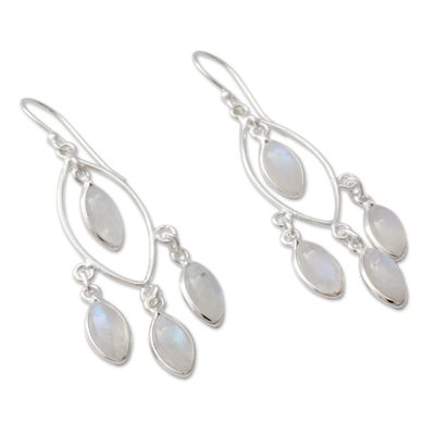 Rainbow moonstone chandelier earrings, 'Luminous Dew' - Rainbow Moonstone and Sterling Silver Chandelier Earrings
