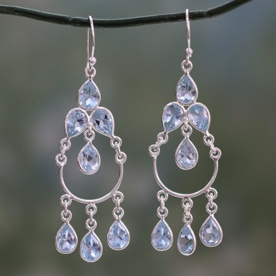 Blue topaz chandelier earrings, 'Azure Elegance' - Blue Topaz Handcrafted Sterling Silver Chandelier Earrings