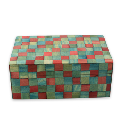 Wood inlay box, 'Delhi Cubist' - India Handcrafted Red and Green Wood Inlay Decorative Box