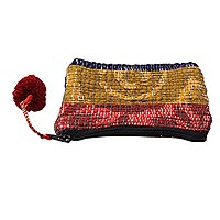 Recycled sari coin purse, 'Burgundy Festivity' - Artisan Crafted Change Purse Made from Recycled Saris