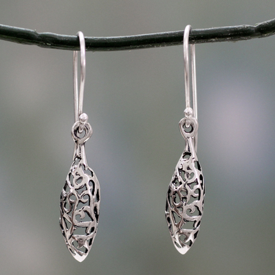 Sterling silver dangle earrings, 'Jali Dewdrop' - India Jali Handcrafted Sterling Silver Dangle Earrings