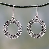 Sterling silver dangle earrings, 'Lacy Loops' - Lacy Sterling Handcrafted Circle Earrings