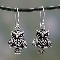 Sterling silver dangle earrings, 'Owl at Midnight' - Unique Bird Theme Sterling Silver Owl Dangle Earrings