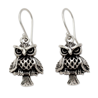 Sterling silver dangle earrings, 'Owl at Midnight' - Unique Bird Theme Sterling Silver Owl Dangle Earrings