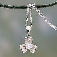 Rainbow moonstone pendant necklace, 'Cradle Lily' - Floral Sterling Silver and Rainbow Moonstone Necklace