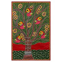 Madhubani painting, 'Tree of Life II' - Signed India Madhubani Folk Art Painting in Green and Red