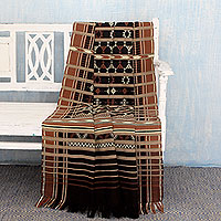 Manta de algodón, 'Jodhpur Night' - Manta de algodón geométrica tejida a mano en negro y marrón