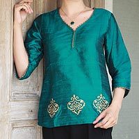 Beaded silk tunic, 'Emerald Empress' - Beaded Silk Block Print Tunic in Green and Blue