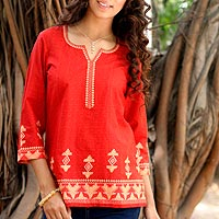 Cotton tunic, 'Geometric Brilliance' - Red Cotton Tunic for Women with Printed Accents