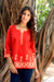 Cotton tunic, 'Geometric Brilliance' - Red Cotton Tunic for Women with Printed Accents (image 2) thumbail