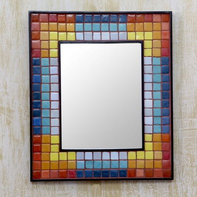 Ceramic mosaic wall mirror, 'Colors in Harmony' - Handcrafted Ceramic Mosaic Wall Mirror in Rainbow Colors