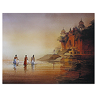 Impresión giclée sobre lienzo, 'Banaras Ghat I' de Amit Bhar - Color Archival Impresión giclée sobre lienzo del Ghat en Banaras