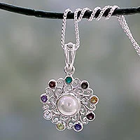 Multi-gemstone pendant necklace, 'Rainbow Halo' - Handcrafted Silver Necklace with Cultured Pearl and Gems