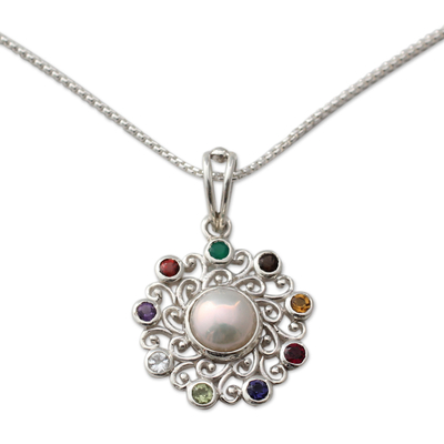 Multi-gemstone pendant necklace, 'Rainbow Halo' - Handcrafted Silver Necklace with Cultured Pearl and Gems