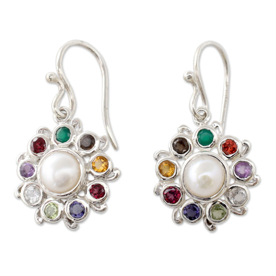 Multi-gemstone dangle earrings, 'Rainbow Halo' - Silver Earrings Handcrafted with Cultured Pearl and Gems