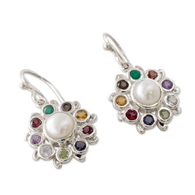Multi-gemstone dangle earrings, 'Rainbow Halo' - Silver Earrings Handcrafted with Cultured Pearl and Gems