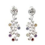 Multi-gemstone dangle earrings, 'Rainbow Wisteria' - Silver Earrings Handcrafted with 6 Kinds of Gems