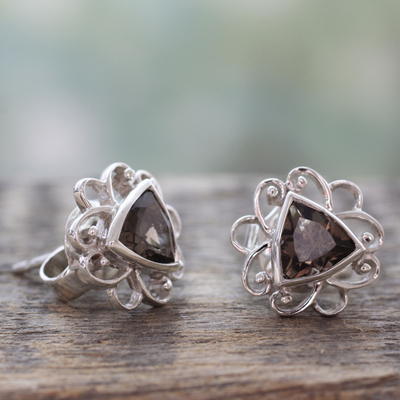 Smoky quartz button earrings, 'Delhi at Dusk' - Smoky Quartz and Sterling Silver Handcrafted Button Earrings
