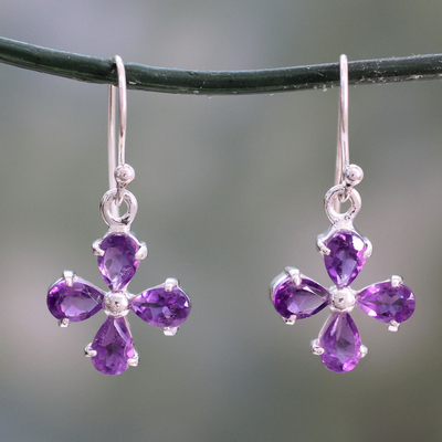 Amethyst dangle earring, 'Lilac Blossom' - Amethyst Flower Earrings Handcrafted of 925 Sterling Silver