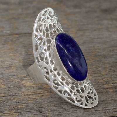 Lapis lazuli cocktail ring, 'Halo of Lace' - Dramatic Sterling Silver Cocktail Ring with Lapis Lazuli