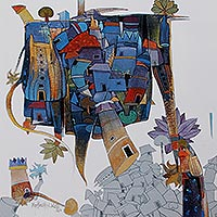 Giclée print on canvas, 'Imagination I' by Manjunath Wali - Surreal Indian Village Signed Archival Print on Canvas
