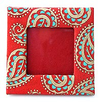 Handmade paper photo frame, 'Paisley in Motion' (2x2 in) - 2x2 inch Photo Frame Crafted from Handmade Paper
