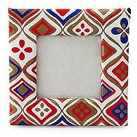 Handmade paper photo frame, 'Illusion' (2x2 in) - Blue Red Gold and White 2x2 In Photo Frame from India