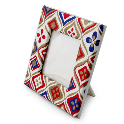 Handmade paper photo frame, 'Illusion' (2x2 in) - Blue Red Gold and White 2x2 In Photo Frame from India