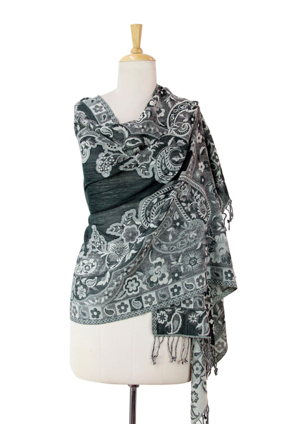 Jamawar-Wollschal - Paisley-gewebter Jamawar-Schal aus Indien in Grau und Grün