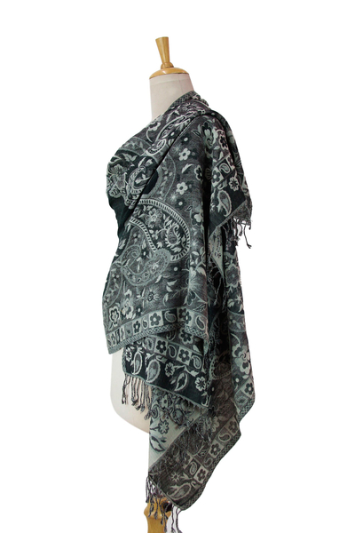 Jamawar wool shawl, 'Paisley Shadow' - Paisley Woven Jamawar Shawl from India in Grey and Green