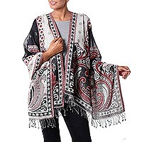 Jamawar wool shawl, 'Agra Night' - Dramatic Indian Wool Shawl in Black and White with Red