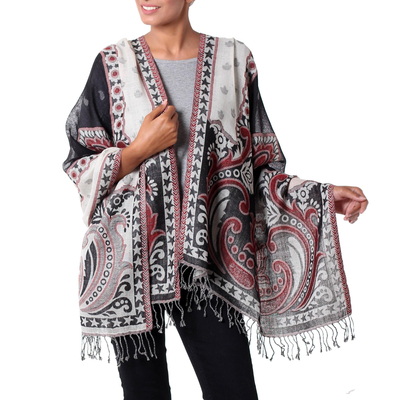 Jamawar wool shawl, 'Agra Night' - Dramatic Indian Wool Shawl in Black and White with Red