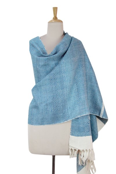 Silk shawl, 'Harmonious Blue Herringbone' - India Handwoven Turquoise and White Silk Shawl