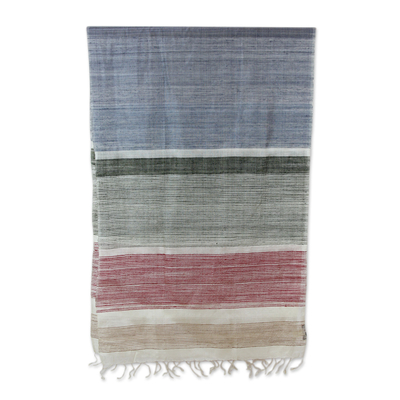 Silk shawl, 'Urban Style' - Colorful Striped Handwoven Tussar Silk Shawl from India