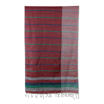 Seidenschal, „Festival in Orissa“ – handgewebter roter und blauer Seidenschal mit Türkis und Grau