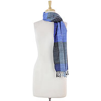 Silk scarf, 'Shadowed Blue' - Indian Artisan Handwoven Eri Silk Scarf in Shades of Blue