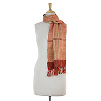 Silk scarf, 'Tangerine Herringbone' - Indian Artisan Handwoven Orange Herringbone Eri Silk Scarf