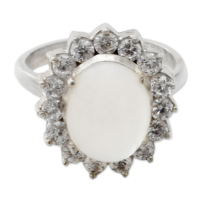 Moonstone cocktail ring, 'Dazzle' - Moonstone and Cubic Zirconia Sterilng Silver Cocktail Ring