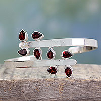 Garnet cuff bracelet, 'Red Forest Fern' - Sterling Silver Cuff Garnet Bracelet Modern Jewelry