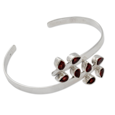 Garnet cuff bracelet, 'Red Forest Fern' - Sterling Silver Cuff Garnet Bracelet Modern Jewellery