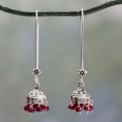 Garnet dangle earrings, 'Bride of India' - Sterling Silver and Garnet Jhumki Earrings from India