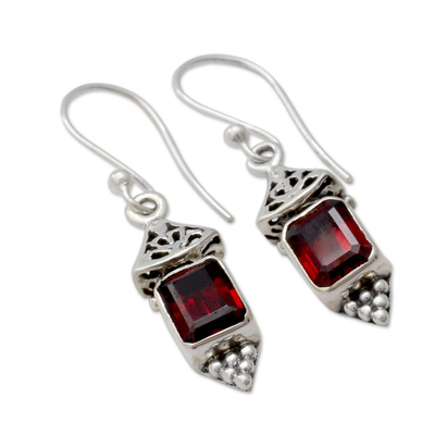 Garnet dangle earrings, 'Red Lantern' - Handcrafted Indian Sterling Silver and Garnet Earrings