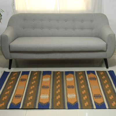 Wool dhurrie rug, 'Village Horizon' (4x6) - Orange Blue Hand Woven Dhurrie Wool Rug from India (4x6)