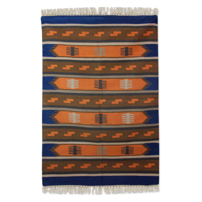 Orange Blue Hand Woven Dhurrie Wool Rug from India (4x6)