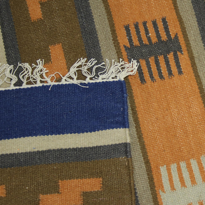 Alfombra de lana dhurrie, (4x6) - Alfombra de lana Dhurrie tejida a mano en naranja y azul de la India (4x6)