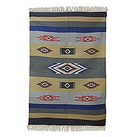 Wool dhurrie rug, 'Symphony of Dawn' (4x6) - Hand Woven Wool Dhurrie Rug in Blue Grey and Brown (4x6)