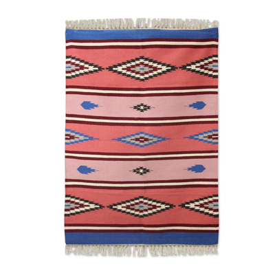 Wool dhurrie rug, 'Revive' (4x6) - Hand Woven Wool Dhurrie Rug in Blue and Pinks (4x6)